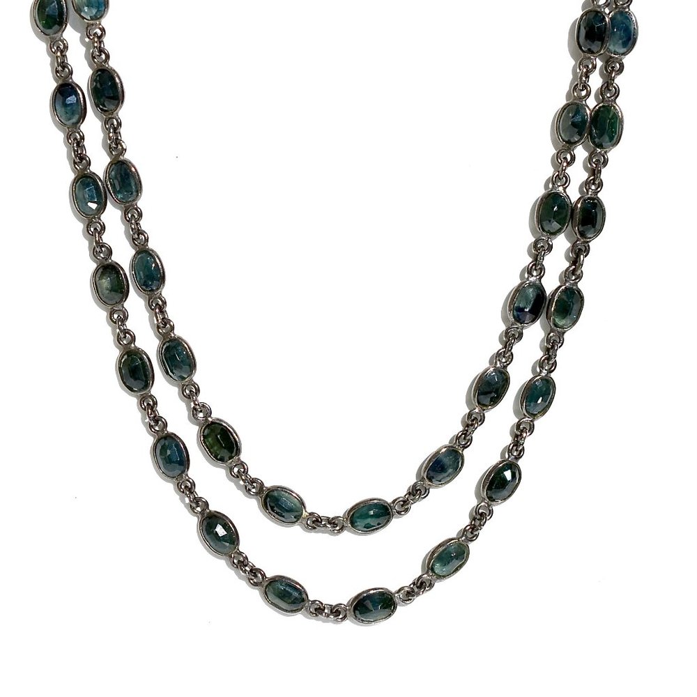 925 Silver Diamond and Faceted Natural Sapphire Long Necklace